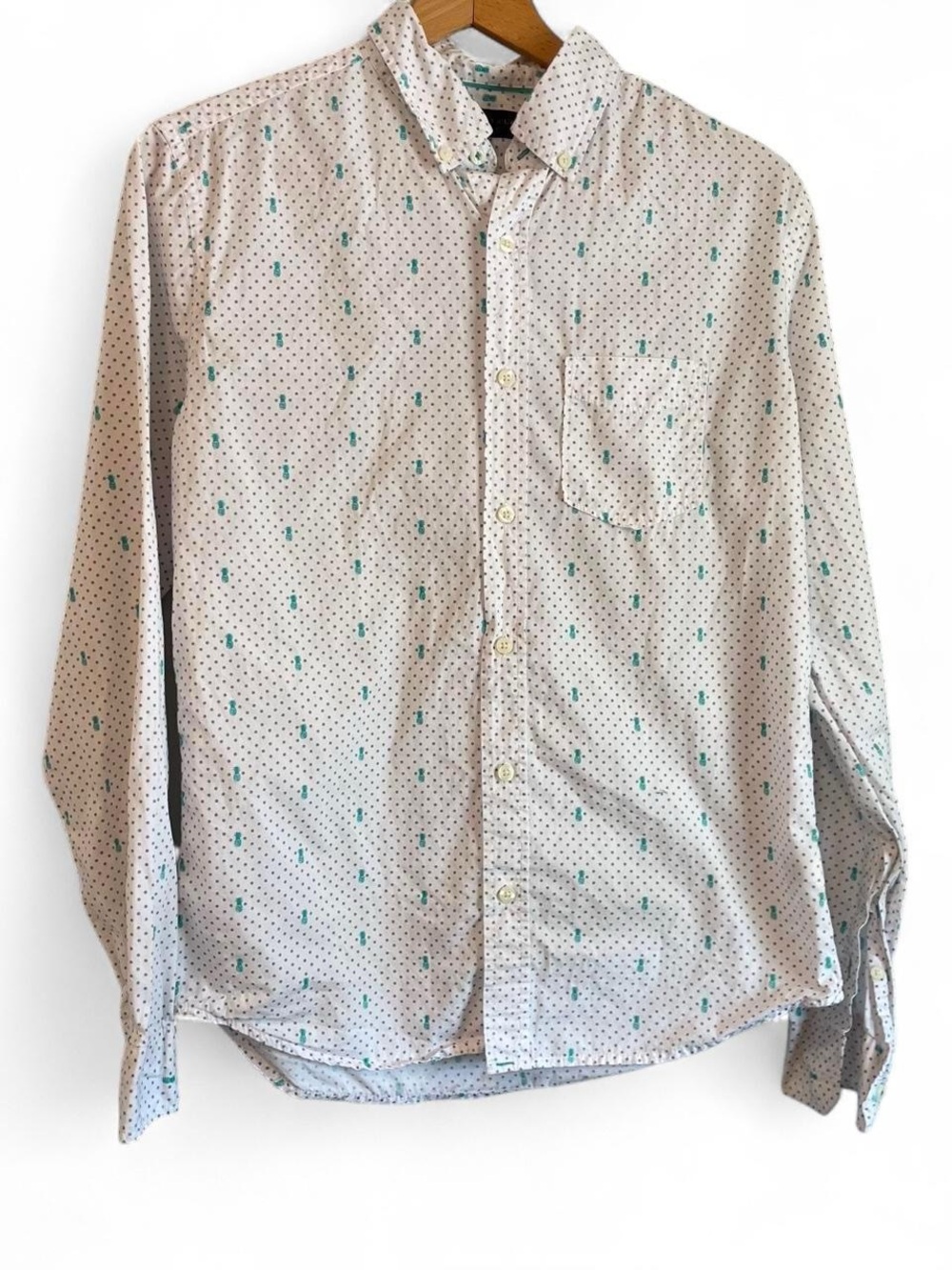 Aeropostale Men's S White Teal Pineapple Polka Dot Patterned Button Up Shirt